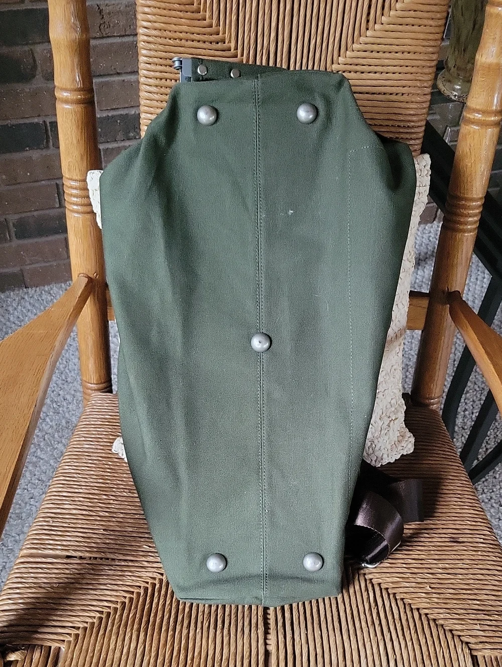 Line of Trade green military duffle sack with brown canvas strap